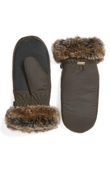 Women's Barbour Waxed Cotton Mittens With Faux Fur Trim