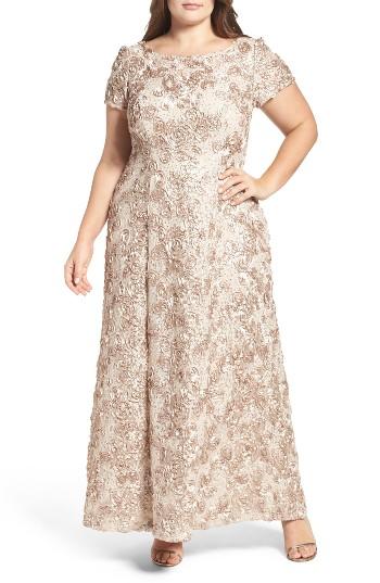Women's Alex Evenings Rosette Lace Short Sleeve A-line Gown