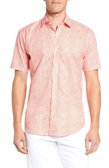 Men's Bugatchi Shaped Fit Stripe Sport Shirt, Size - Orange