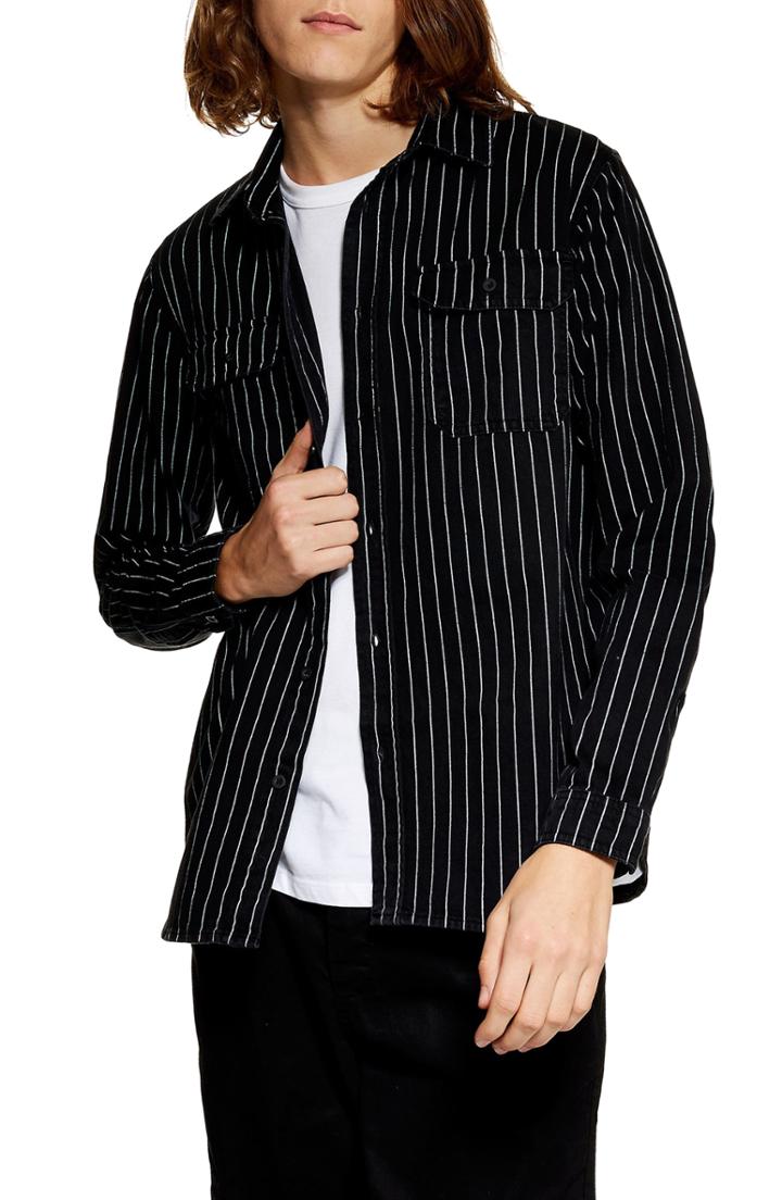 Men's Topman Stripe Woven Shirt - Black