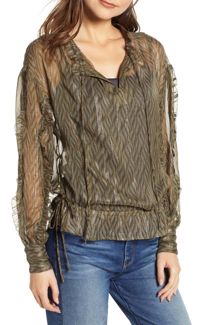 Women's Scotch & Soda Metallic Detail Sheer Ruffle Blouse - Green