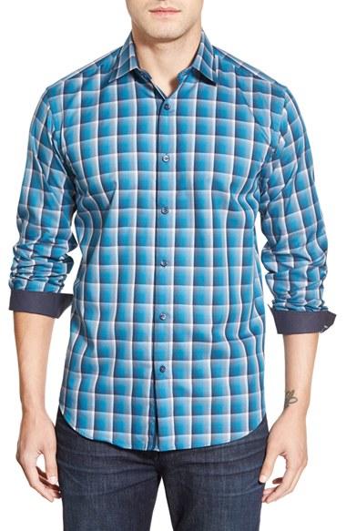 Men's Bugatchi Shaped Fit Check Sport Shirt, Size - Blue/green