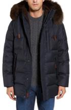 Men's Andrew Marc Quilted Down Jacket With Genuine Fox Fur Trim, Size - Blue