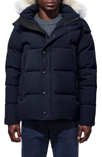 Men's Canada Goose Wyndham Slim Fit Genuine Coyote Fur Trim Down Jacket, Size - Blue