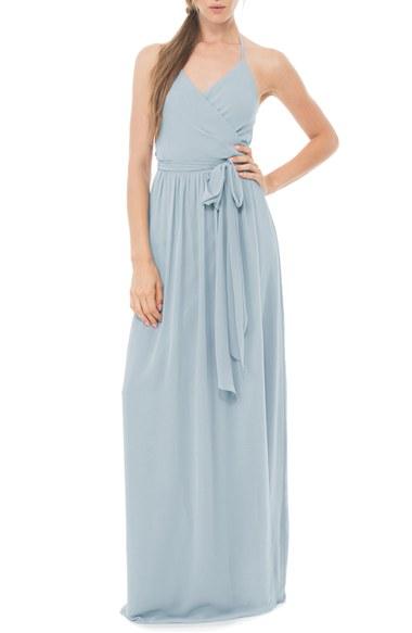 Women's Ceremony By Joanna August 'dc' Halter Wrap Chiffon Gown - Blue