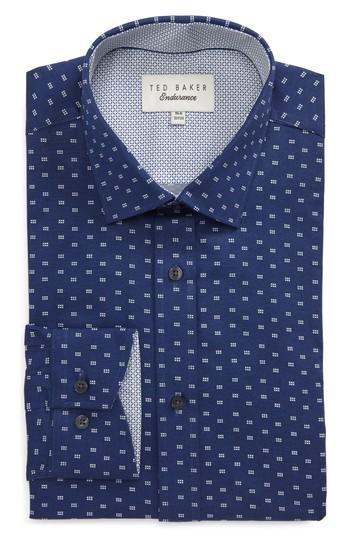 Men's Ted Baker London Endurance Trim Fit Dot Print Dress Shirt .5 32/33 - Blue
