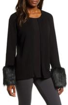 Women's Chaus Faux Fur Detail Cotton Cable Cardigan - Black