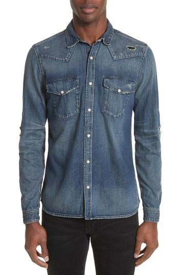 Men's The Kooples Distressed Denim Western Shirt - Blue