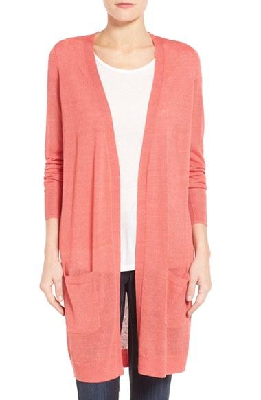 Women's Halogen Long Linen Blend Cardigan - Coral