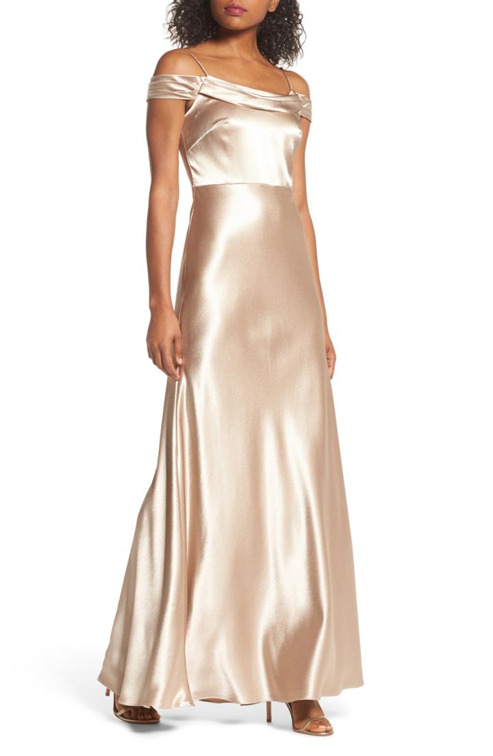 Women's Jenny Yoo Serene Satin Off The Shoulder Gown - Beige