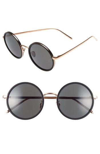 Women's Linda Farrow 52mm Round 18 Karat Rose Gold Trim Sunglasses - Black Aluminum/ Gold/ Grey