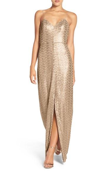Women's Amsale 'samantha' Spaghetti Strap V-neck Sequin Gown - Metallic