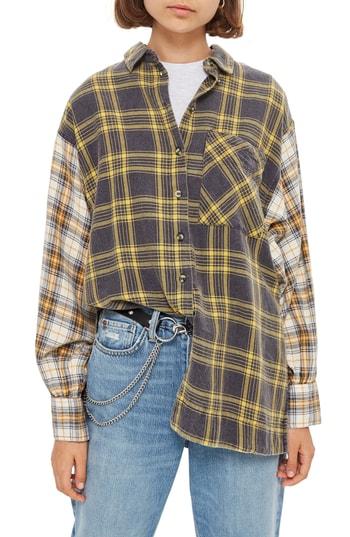 Women's Topshop Mixed Plaid Oversized Shirt Us (fits Like 0) - Grey