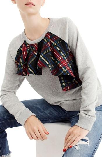 Women's J.crew Tartan Ruffle Sweatshirt - Grey