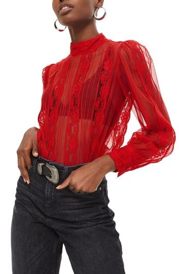 Women's Topshop Pintuck Lace Blouse Us (fits Like 0) - Red