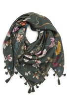 Women's Treasure & Bond Floral Print Tassel Silk Scarf, Size - Green