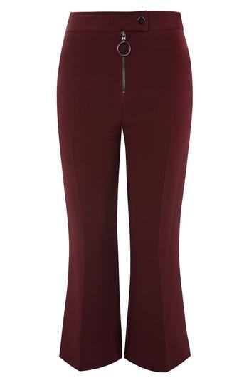 Women's Topshop Exposed Zip Kick Flare Pants Us (fits Like 0) - Burgundy