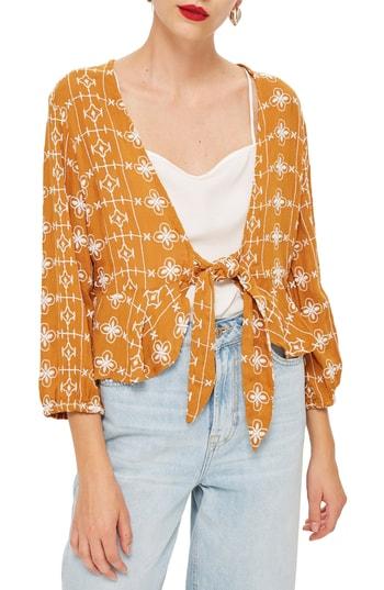 Women's Topshop Crinkle Embroidered Jacket Us (fits Like 0) - Yellow