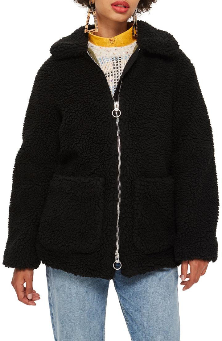 Women's Topshop Borg Jacket Us (fits Like 0) - Black