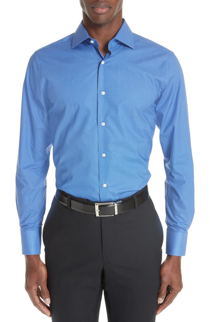 Men's Canali Trim Fit Dot Dress Shirt - Blue