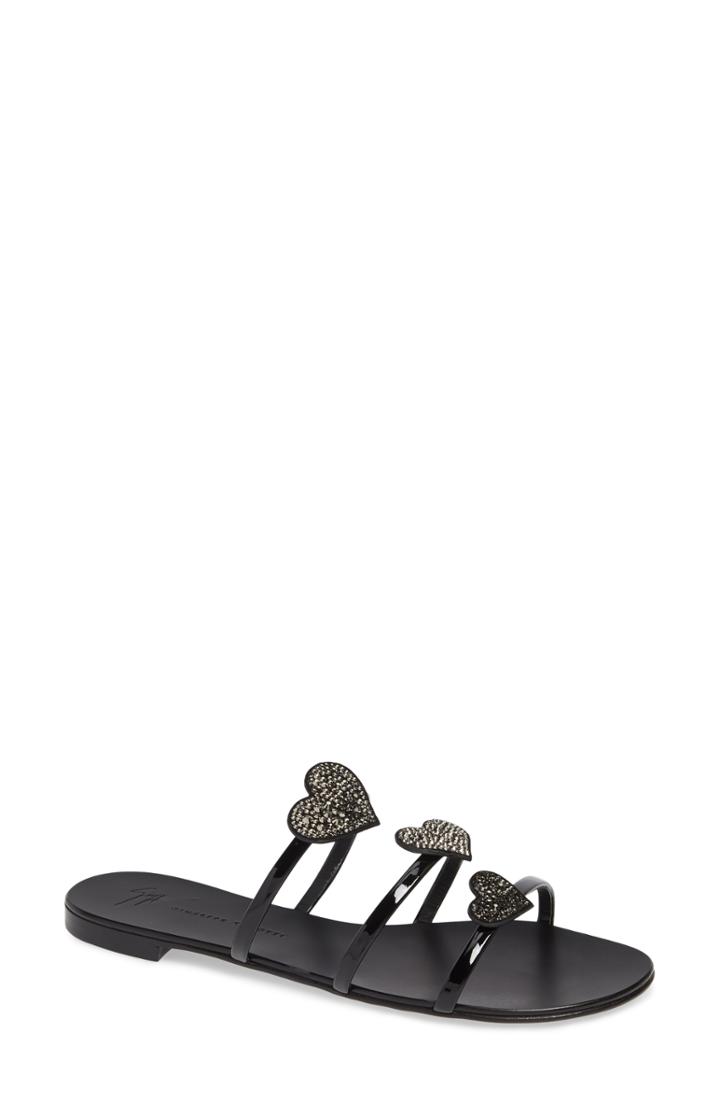 Women's Giuseppe Zanotti Triple Heart Embellished Slide Sandal M - Black