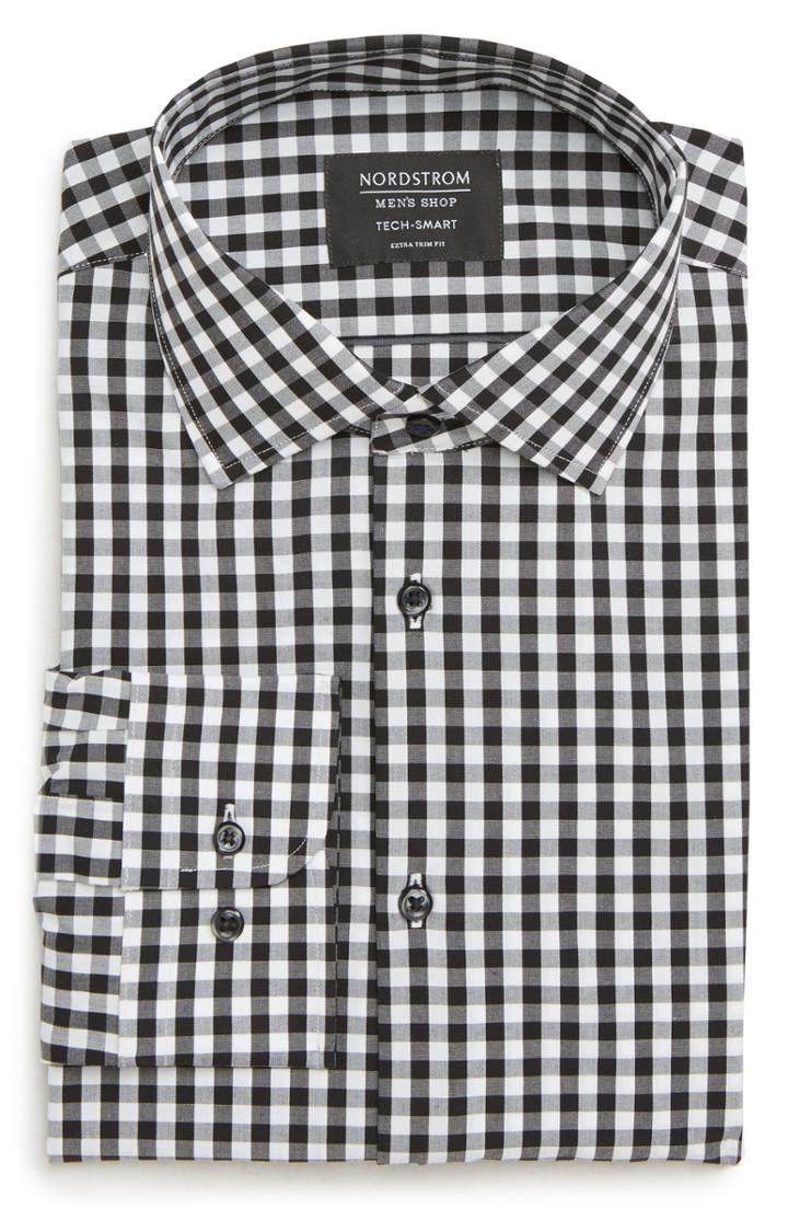 Men's Nordstrom Men's Shop Tech-smart Extra Trim Fit Stretch Check Dress Shirt .5 - 32/33 - Black
