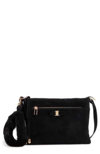 Salvatore Ferragamo Suede & Genuine Mink Fur Clutch - Black