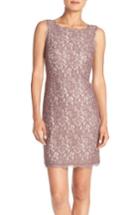 Petite Women's Adrianna Papell Boatneck Lace Sheath Dress P - Brown