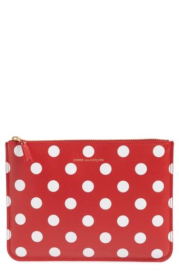 Men's Comme Des Garcons Polka Dot Top Zip Leather Pouch Wallet - Red