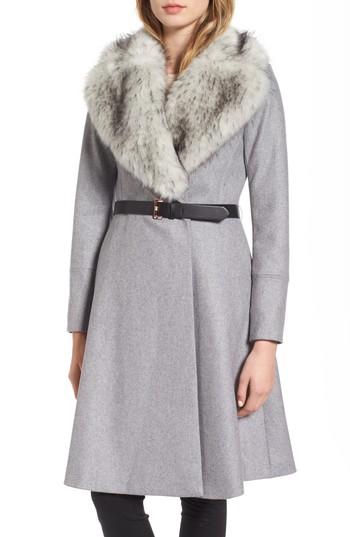 Women's Ted Baker London Narnia Skirted Coat With Removable Faux Fur Collar - Grey