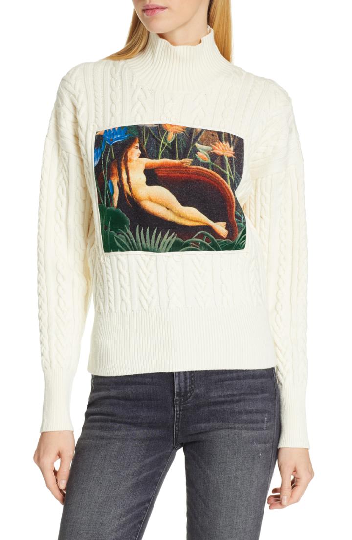 Women's Kenzo Painting Panel Cable Knit Wool Blend Sweater - White