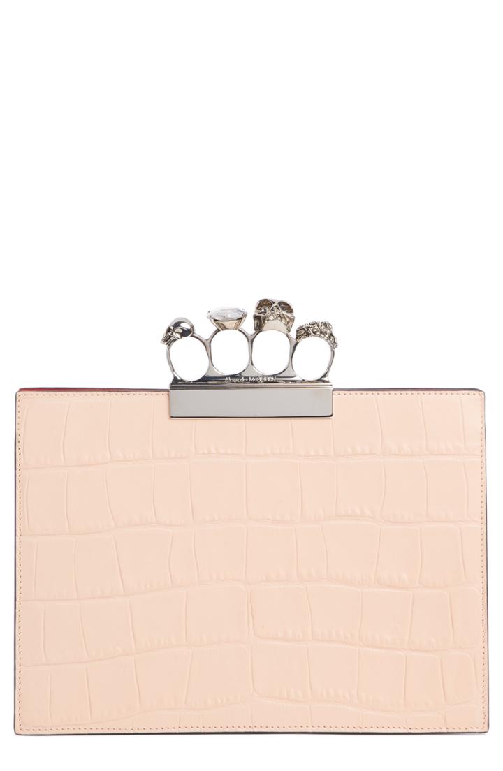 Alexander Mcqueen Croc Embossed Leather Knuckle Clutch - Pink