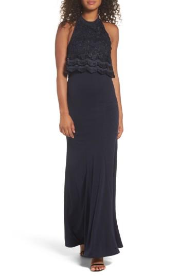 Women's Lulus Sociable Lace Overlay Halter Mermaid Gown - Blue