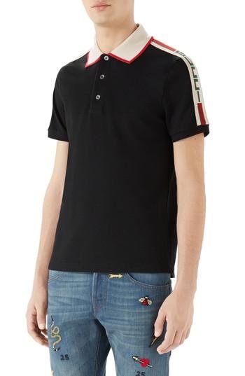 Men's Gucci Jacquard Stripe Sleeve Pique Polo