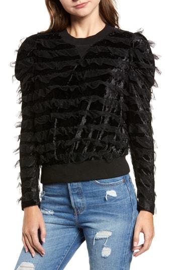 Women's Moon River Tulle Ruffle Velour Pullover - Black