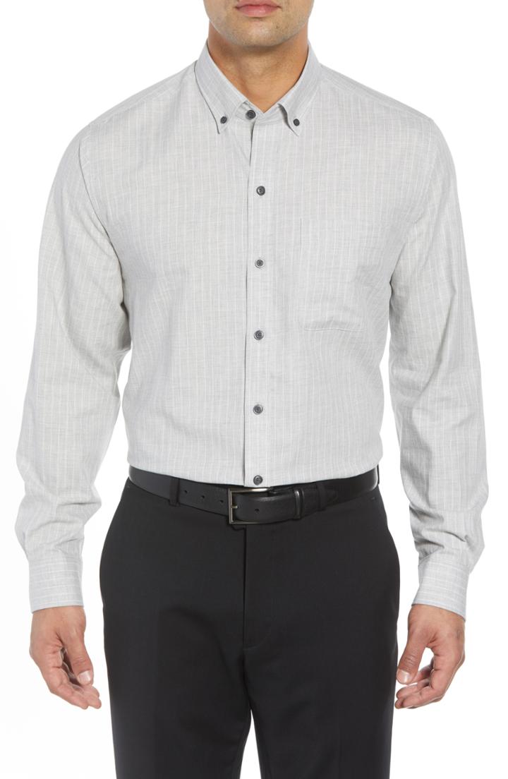 Men's Cutter & Buck Regular Fit Heather Stripe Sport Shirt, Size - Grey
