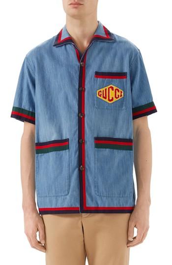 Men's Gucci Stonewash Denim Bowling Shirt Eu - Blue