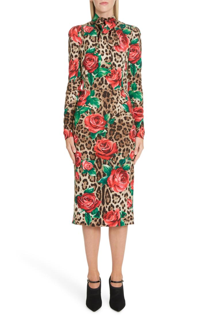 Women's Dolce & Gabbana Rose & Leopard Print Tie Neck Stretch Silk Midi Dress Us / 40 It - Brown