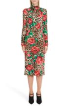 Women's Dolce & Gabbana Rose & Leopard Print Tie Neck Stretch Silk Midi Dress Us / 40 It - Brown