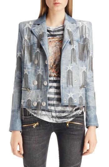 Women's Balmain Star & Chain Embellished Leather Jacket Us / 42 Fr - Blue
