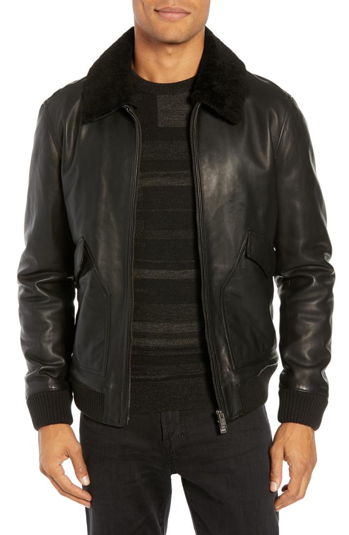 Men's Boss Gordani Genuine Shearling Collar Leather Aviator Jacket R - Black