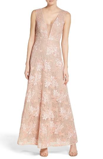 Women's Bcbgmaxazria Illusion V-neck Lace Gown