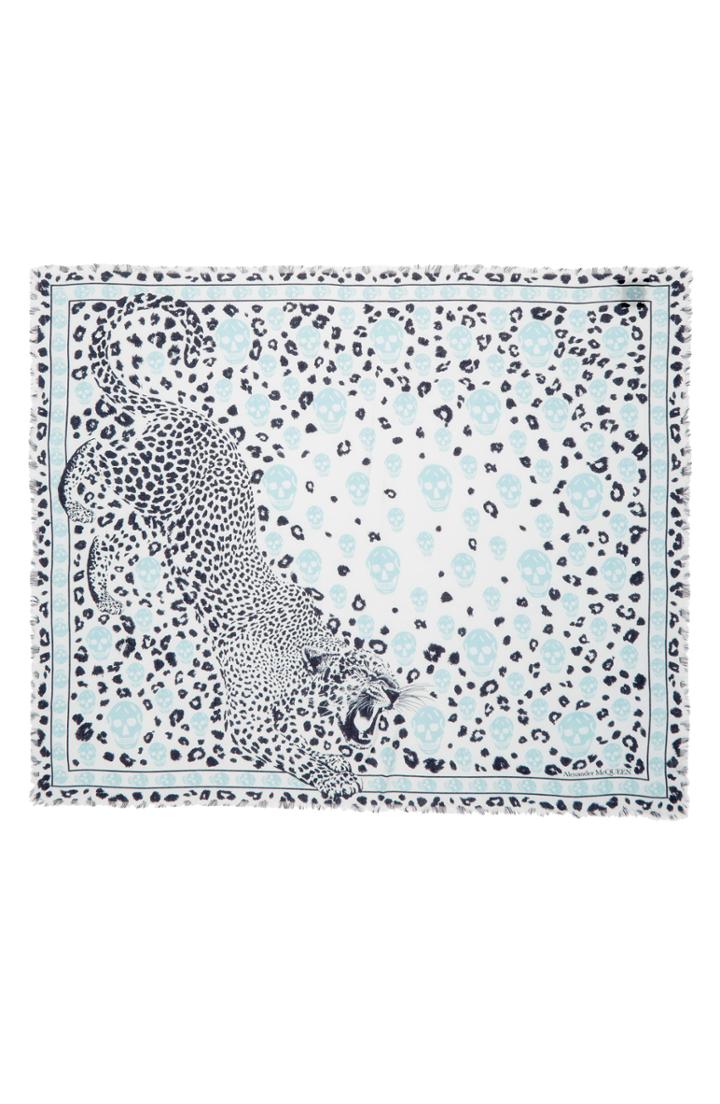 Women's Alexander Mcqueen Leopard & Skull Motif Scarf, Size - Blue