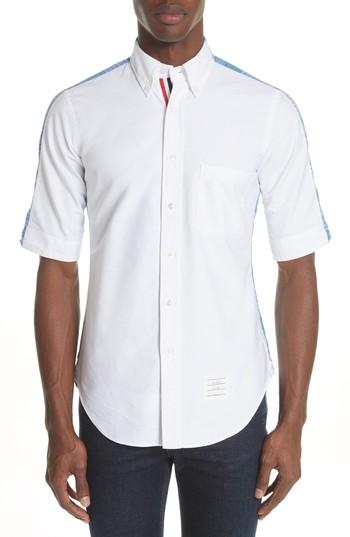 Men's Thom Browne Solid & Plaid Woven Shirt - Blue