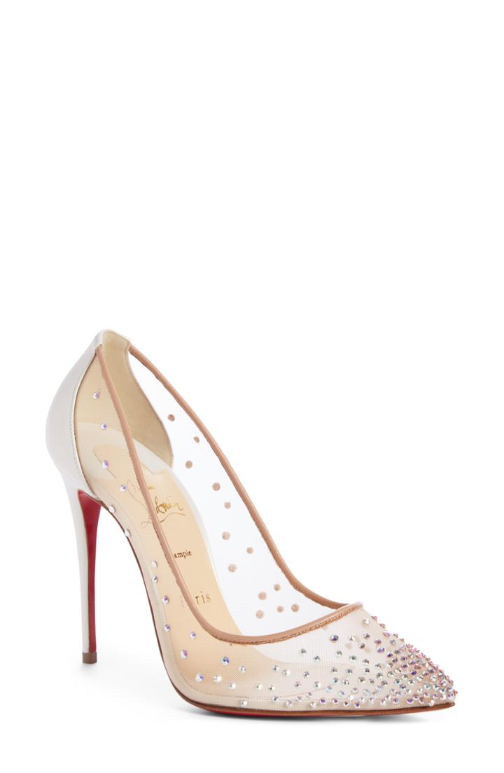 Women's Christian Louboutin Follies Strass Pointy Toe Pump Us / 35eu - Beige