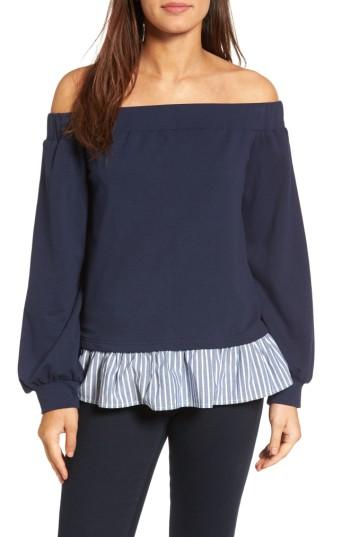 Petite Women's Halogen Poplin Hem Off The Shoulder Sweatshirt, Size P - Blue