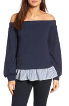 Petite Women's Halogen Poplin Hem Off The Shoulder Sweatshirt, Size P - Blue