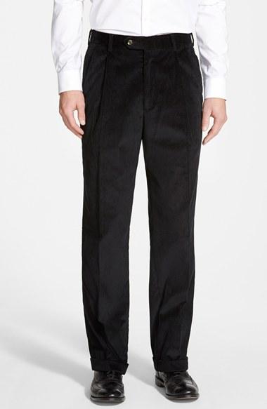 Men's Berle Pleated Corduroy Trousers X Unhemmed - Black
