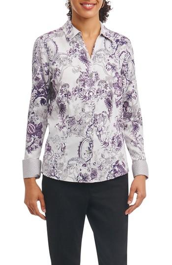 Women's Foxcroft Lauren Floral Tapestry Wrinkle Free Shirt - Grey