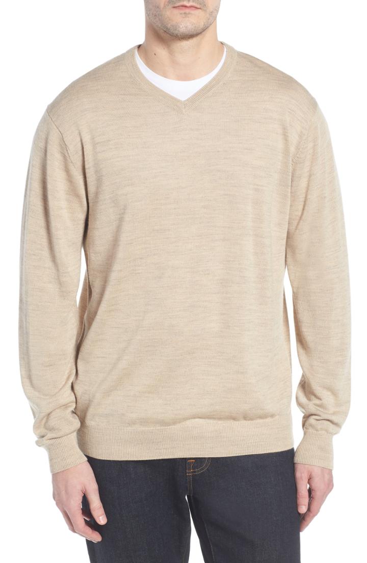 Men's Cutter & Buck 'douglas' Merino Wool Blend V-neck Sweater, Size - Beige (online Only)